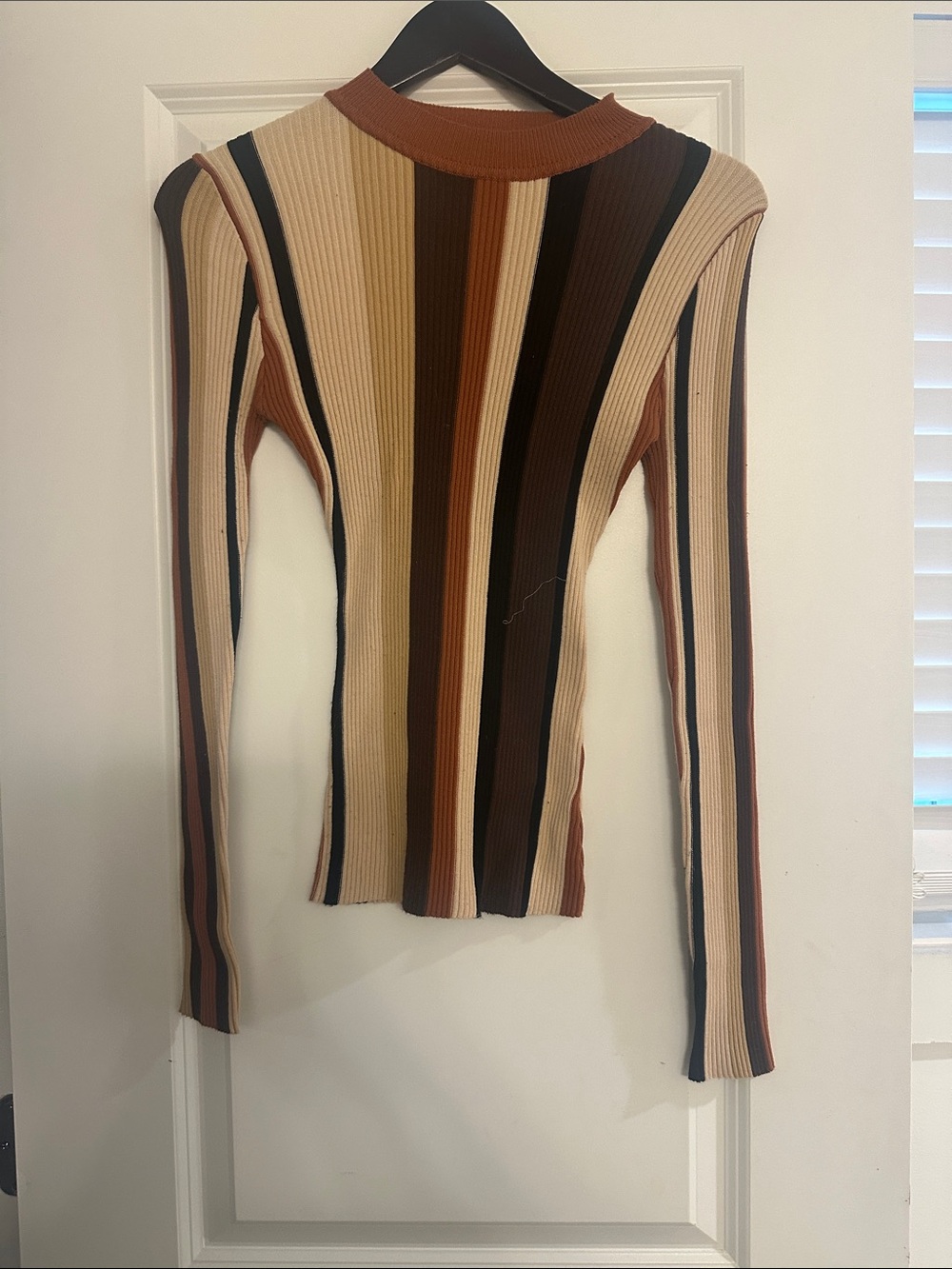 Striped Ribbed Long-Sleeve Top in Neutral Multi